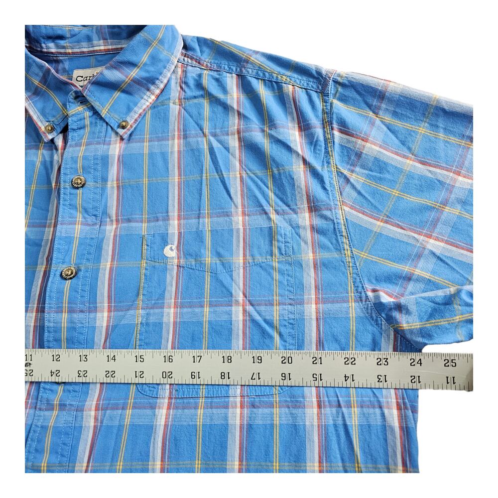Carhartt Shirt Men's L Blue Plaid Short Sleeve Button Down‎ Pockets Casual Light - Picture 4 of 8